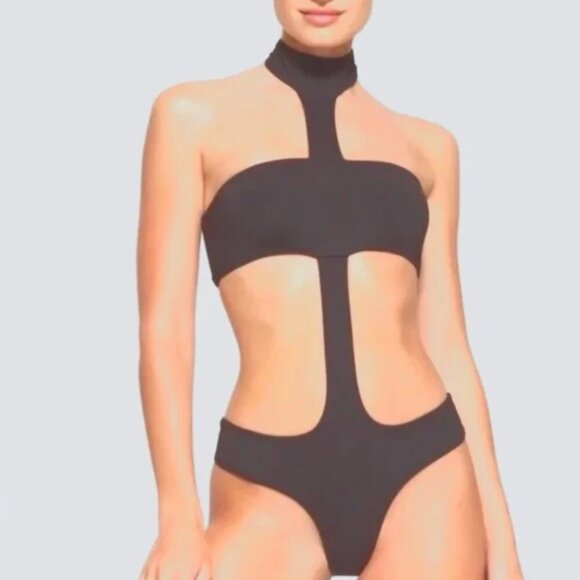 NWT SKIMS RECYCLED SWIM CUT OUT HALTER MONOKINI GUNMETAL GREY SIZE SMALL - Picture 1 of 6